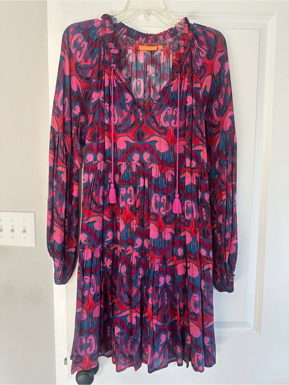 Oliphant Pink & Navy Printed Long Sleeve Tiered Dress
